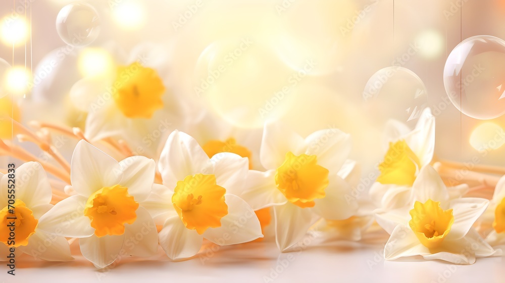Fototapeta premium white daffodils close up. Spring wallpaper.
