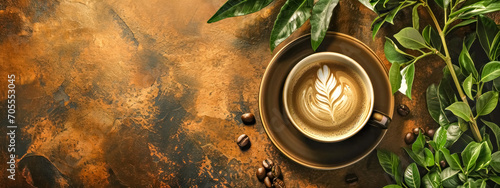 cup of coffee with a beautiful latte art leaf design on a rustic brown textured background, surrounded by green coffee leaves and a few scattered coffee beans photo