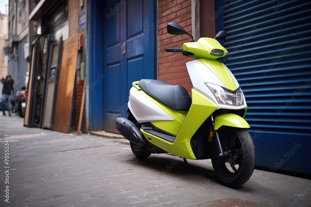 electric delivery scooter with green branding parked in alleyway