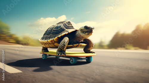  cute desert turtle on skateboard on the road in day time, Tortoise or turtle first place in the race, concept of Tortoise and the Hare, Generative AI
 photo