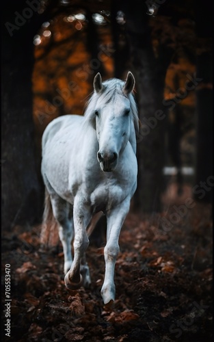 White horses in the woods.