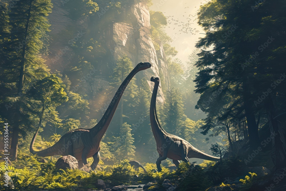 Brachiosaurus dinosaurs reaching for treetop foliage in a serene prehistoric Jurassic environment