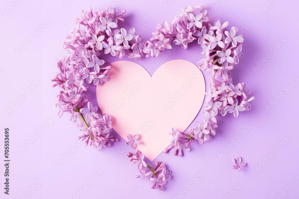 Valentine's card with a empty white heart lined with purple flowers on an violet background, copy space for text in shape of heart