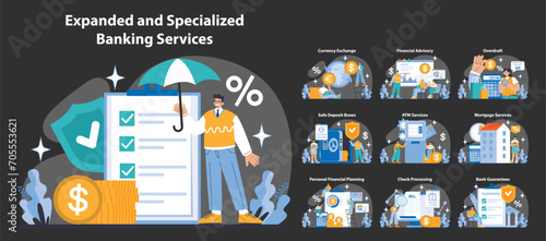 Expanded and specialized banking services night or dark mode set. Comprehensive coverage of financial operations. Client support, transaction ease, diversified portfolios.