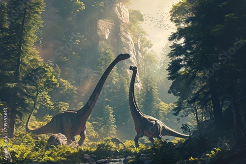 Brachiosaurus dinosaurs reaching for treetop foliage in a serene prehistoric Jurassic environment © olga_demina