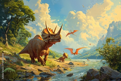 Triceratops family by a river with Pterosaurs flying overhead in a vibrant Cretaceous landscape. © olga_demina