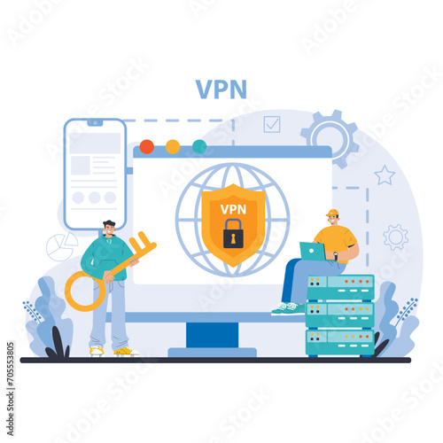 Wi-Fi network. Specialist setting up, developing and maintaining wireless fidelity equipment. Secure connection configuration. Flat vector illustration