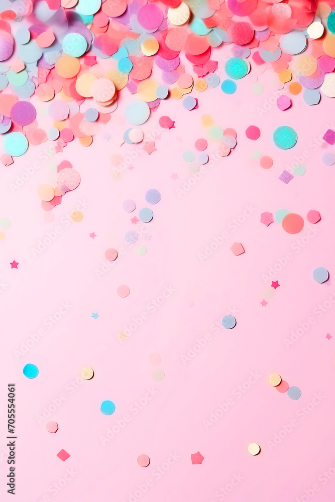 Festive abstract vertical background with colorful confetti on pink background, pastel colors, copy space for text. Background for March 8, Valentine's day, birthday