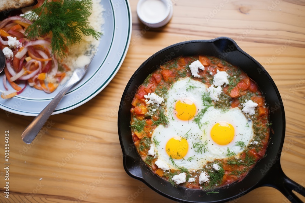 skillet on wooden board, shakshuka and fresh dill atop