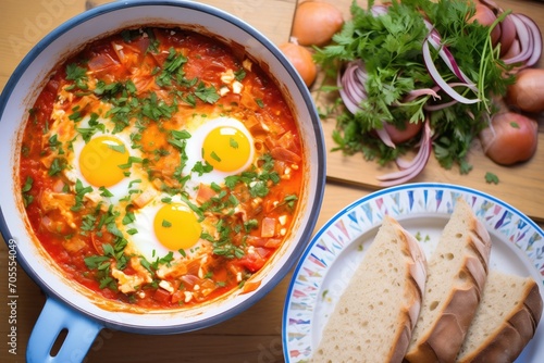 shakshuka served, top view with parsley and crusty loaf