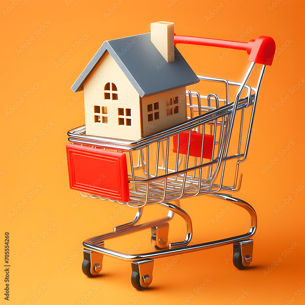 A symbolic representation of purchasing real estate - a house nestled in a shopping cart against a vibrant orange backdrop, offering ample copy space.