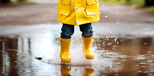 Little child in yellow raincoat and rubber boots jump in spring or autumn puddles and have fun, cropped photo photo