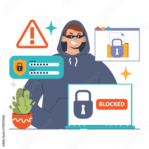 Spyware threat concept. Watchful eye monitors user data, emphasizing the risks of online surveillance and compromised privacy. Ensure digital safety. Flat vector illustration