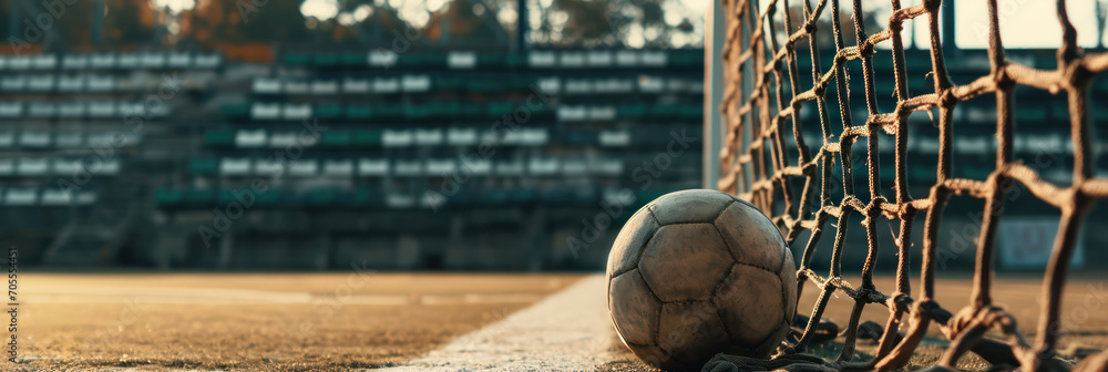 Aged football nestled in goal net, with an empty, sunlit stadium in the soft focus background. - obrazy, fototapety, plakaty 