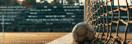 Aged football nestled in goal net, with an empty, sunlit stadium in the soft focus background.