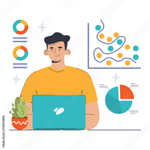 Overfitting in data analysis concept. Young analyst observes intricate graph patterns, highlighting potential pitfalls in model training. Avoidance of bias. Flat vector illustration.