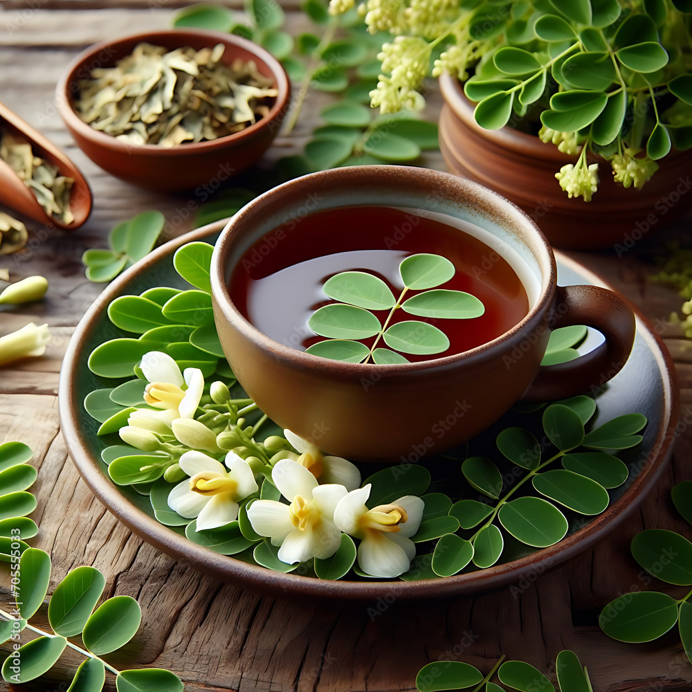 Moringa Infusion Delight: A visual ode to the wholesome goodness of moringa herbal tea. The delicate cup, adorned with fresh moringa leaves and blossoms, presents a serene scene that speaks of wellnes - obrazy, fototapety, plakaty 