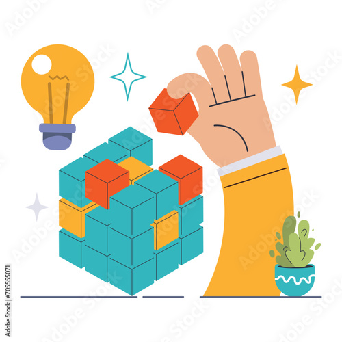 Delving into Micro-Niches. Hand strategically places cubes, symbolizing focused market segmentation. Bright idea for targeted marketing shines overhead. Mastery in niche strategy. vector illustration