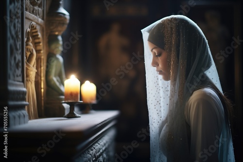 veiled woman mourning by a crypt