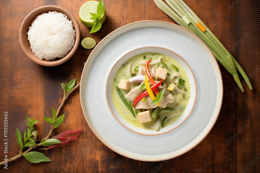green curry served with jasmine rice on a plate green curry served with jasmine rice on a plate