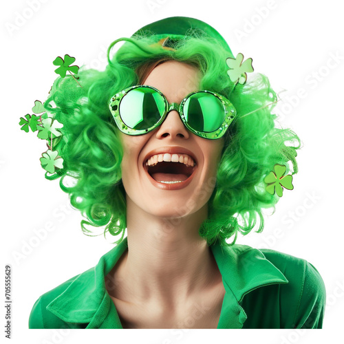 Cheerful young woman in green wig and funny glasses celebrating st patrick's day photo