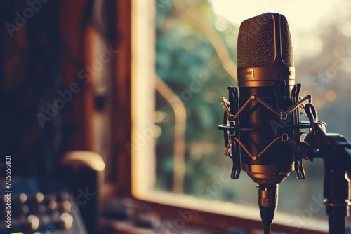 Warm-toned podcast studio microphone in focus with a blurred forest backdrop through a sunlit window photo