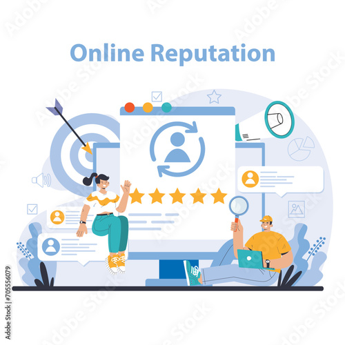 Reputation management. Building relationship with targeted audience. Customer satisfaction, experience, and engagement with a brand. Public relations strategy. Flat vector illustration