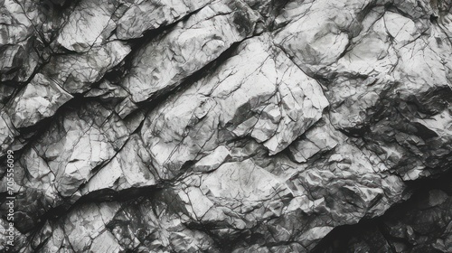 Black and white rough stone mountain surface with cracks creates a rock texture background. Textured monochrome rock background with ample space for design