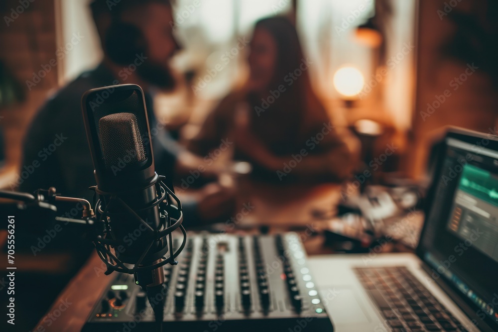 Focused shot of podcast recording equipment with blurred hosts in the background, inviting studio,