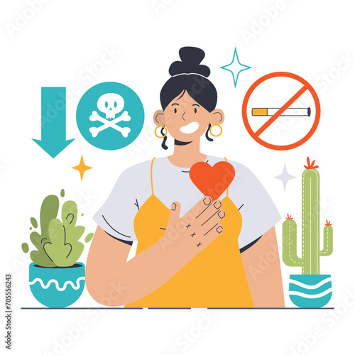 Harm Reduction concept. Woman embracing heart, advocating against smoking. Promoting healthier choices, championing lifestyle changes, combatting tobacco dangers. Flat vector illustration