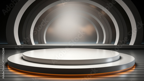 3d render of round podium with golden lights in the dark room. Minimalistic abstract gentle light Black and white background.