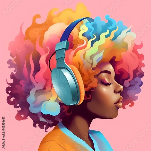 A Cheerful Woman with Headphones In Front