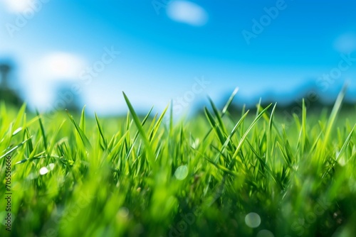 The lush green grass beneath a brilliant blue sky appears absolutely stunning.