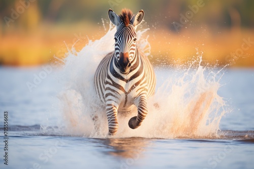 zebra kicking up water, creating splashes