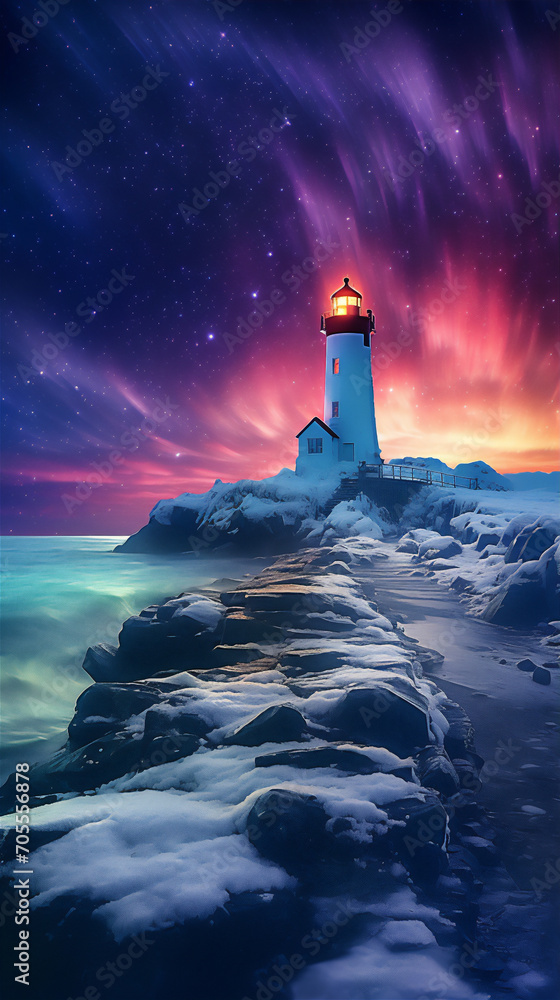 lighthouse in the sea at night in northern with aurora in the sky