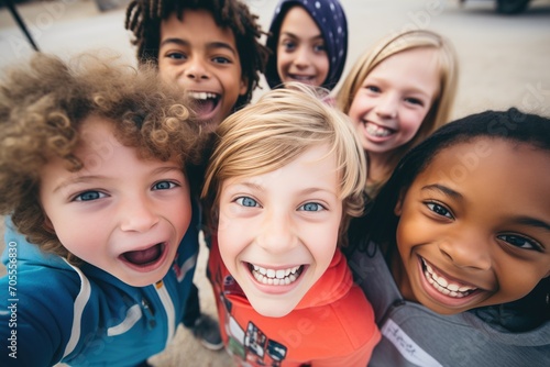a group of kids making funny faces during a selfie session