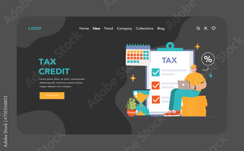 Tax credit web banner or landing page dark or night mode. Financial efficiency, budgeting and economy idea. Taxes planning, declaration preparing and calculation. Flat vector illustration