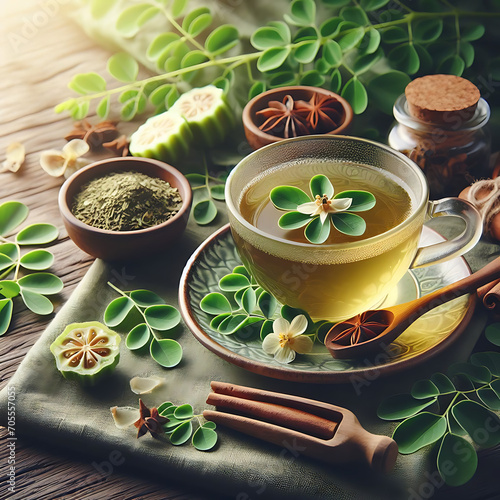 Moringa Infusion Delight: A visual ode to the wholesome goodness of moringa herbal tea. The delicate cup, adorned with fresh moringa leaves and blossoms, presents a serene scene that speaks of wellnes
