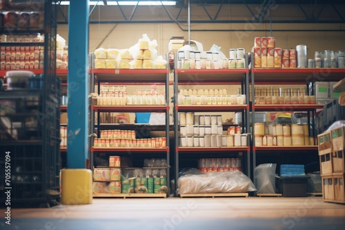 warehouse shelves stacked with canned goods photo