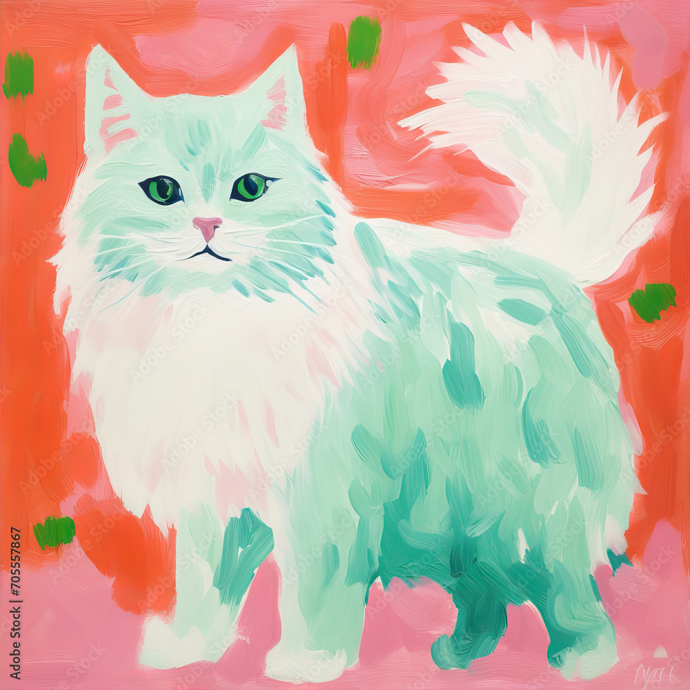 Stylized drawing of a cat on a red background
