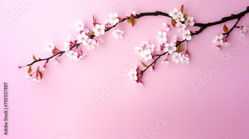 Sakura Cherry branches with blooming flowers on a pink background.