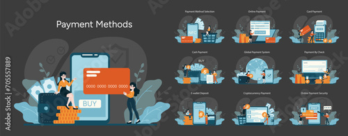Payment Methods concept. Diverse transaction options for consumers. Digital, NFC, cash, global systems, checks, e-wallets, cryptocurrency, secure online processes. Flat vector illustration