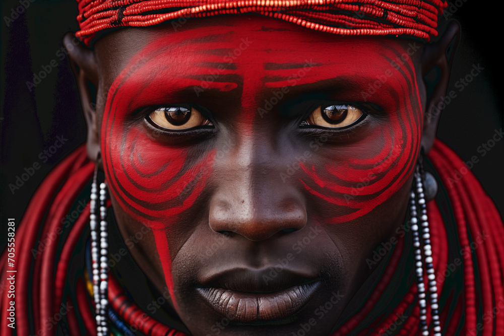 closeup of an african masai dressed in red checkered suit closeup of an african masai dressed in red checkered suit