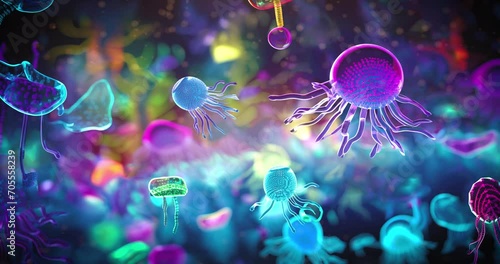 a close-up view of various vibrant-colored gut bacteria, surrounded by microscopic gears and intricate machinery symbolizing the hidden respiratory mechanisms