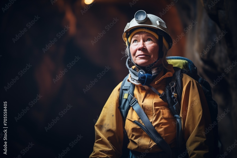 adventurer in a cave entrance barely lit by outside light