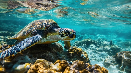 Big turtle swimming at Shiraho Beach, Japan