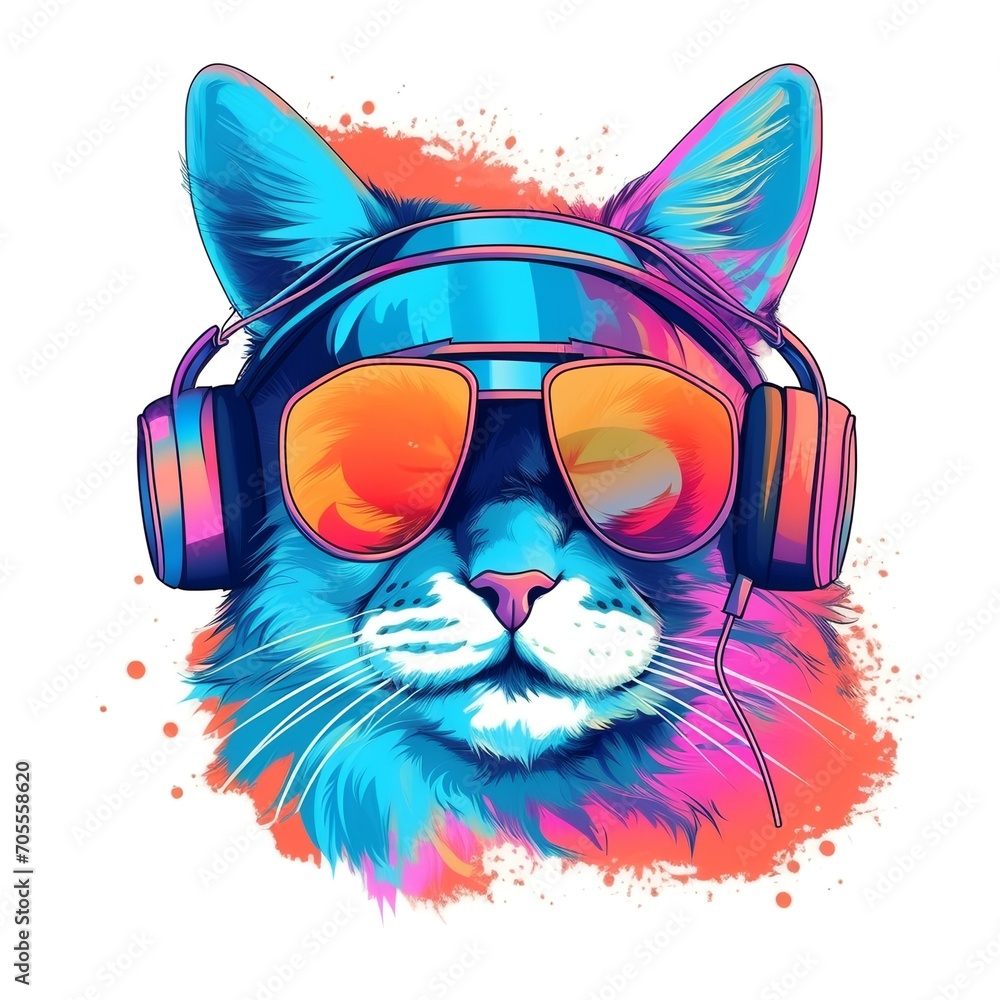 Cool Cat in Headphones and Sunglasses Listening

