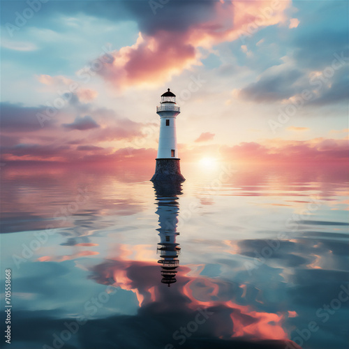 lighthouse in the sea at sunset
