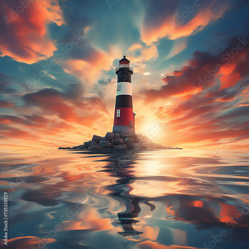 lighthouse in the sea at sunset