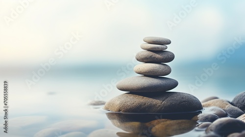 Balanced Zen pebbles creating a sense of peace and tranquility on a calm water surface. 